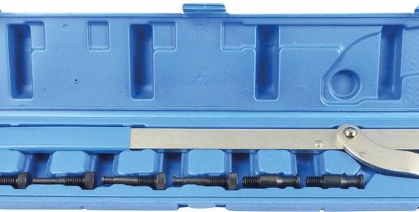 Llave ajustable para poleas de árbol de levas rango 40-235 mm, incluye adaptadores y tornillos, herramienta para taller