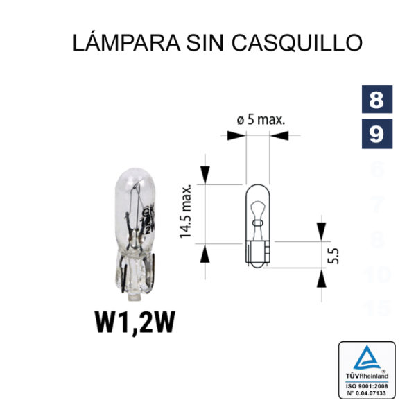 bombilla lampara  w1.2 12v 1.2w t5 w2x4,6d (pack 10 unidades)