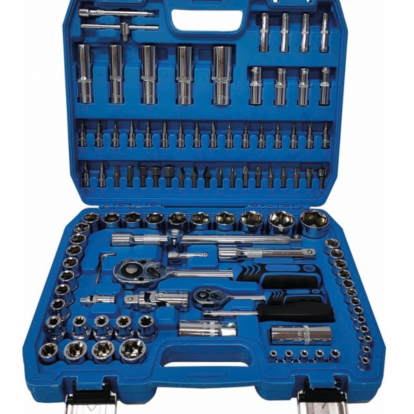 Juego de carracas,vasos y puntas 1/4" y 1/2" de 108 piezas. Incluye vasos hexagonales, Torx, E-Torx, extensiones, juntas universales y puntas.
