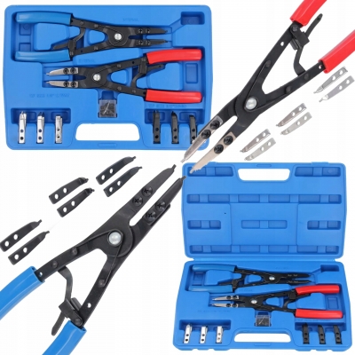 Juego Alicates Circlip Seeger con Puntas Intercambiables rectas y curvadas. Para anillos Seeger internos y externos. Juego Alicates Circlip Seeger con Puntas Intercambiables rectas y curvadas. Para anillos Seeger internos y externos.